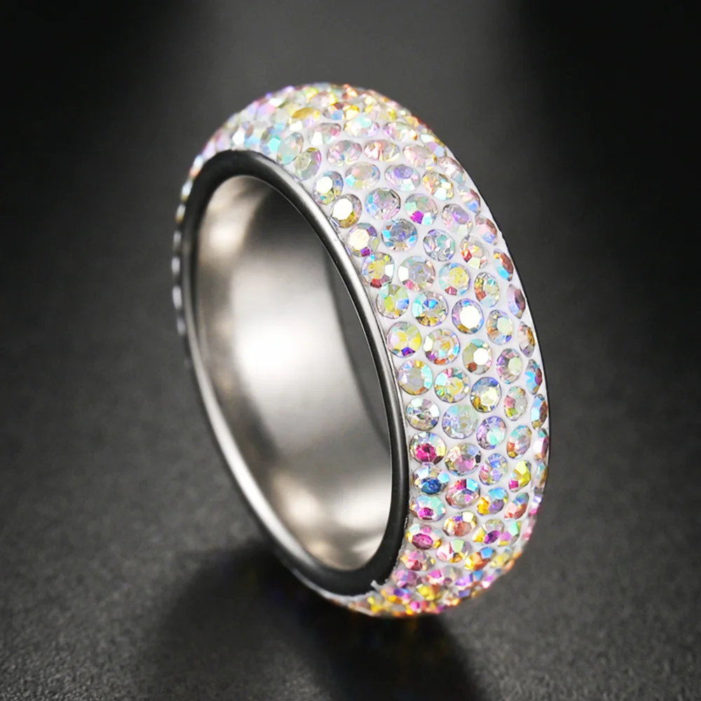 

New Fashion 5 Rows Crystal Rings for Women Silvery Rainbow Stainless Steel Ring Anniversary Wedding Engagement Jewelry Gift