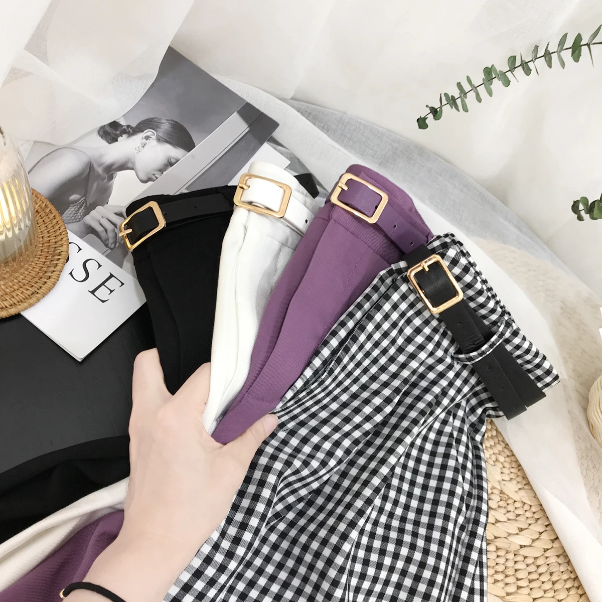 

2020 Hong Kong-Style Vintage High Waist Plaid Capris Women's Summer Loose Wide Leg Capris Pants Sashes All-Match Straight Capris