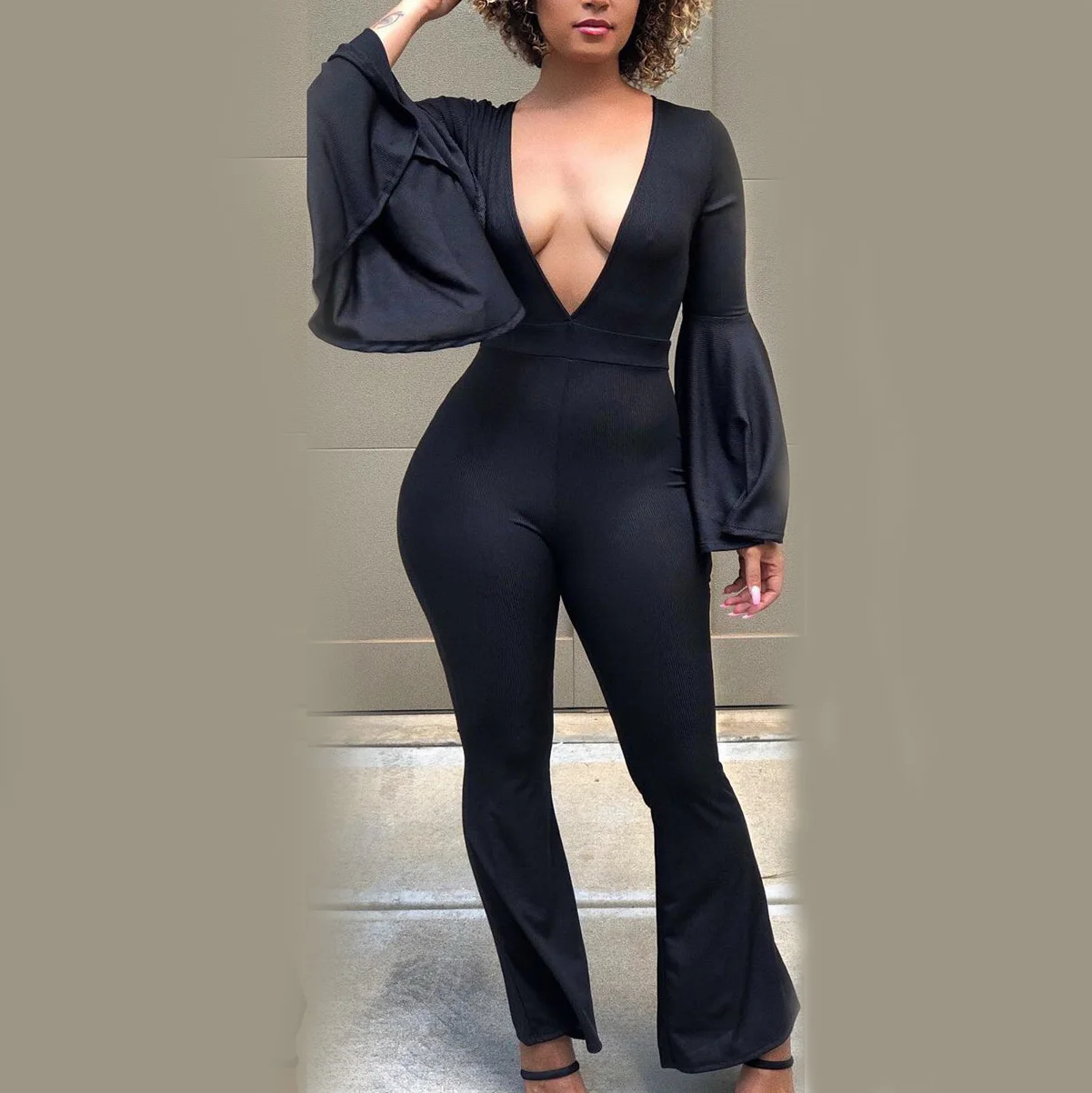 

Long Jumpsuits For Women 2020 Summer Black Sexy Skinny Deep V Neck Flare Sleeve Long Trousers Evening Night Club Female Jumpsuit