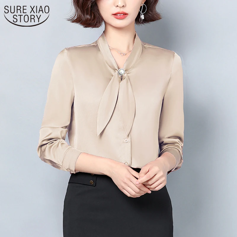 

2021 Office Lady Long-Sleeve Bow Women Blouse Autumn Silk Solid Shirt Women Plus Size Button Cardigan Female Clothing Tops 10854