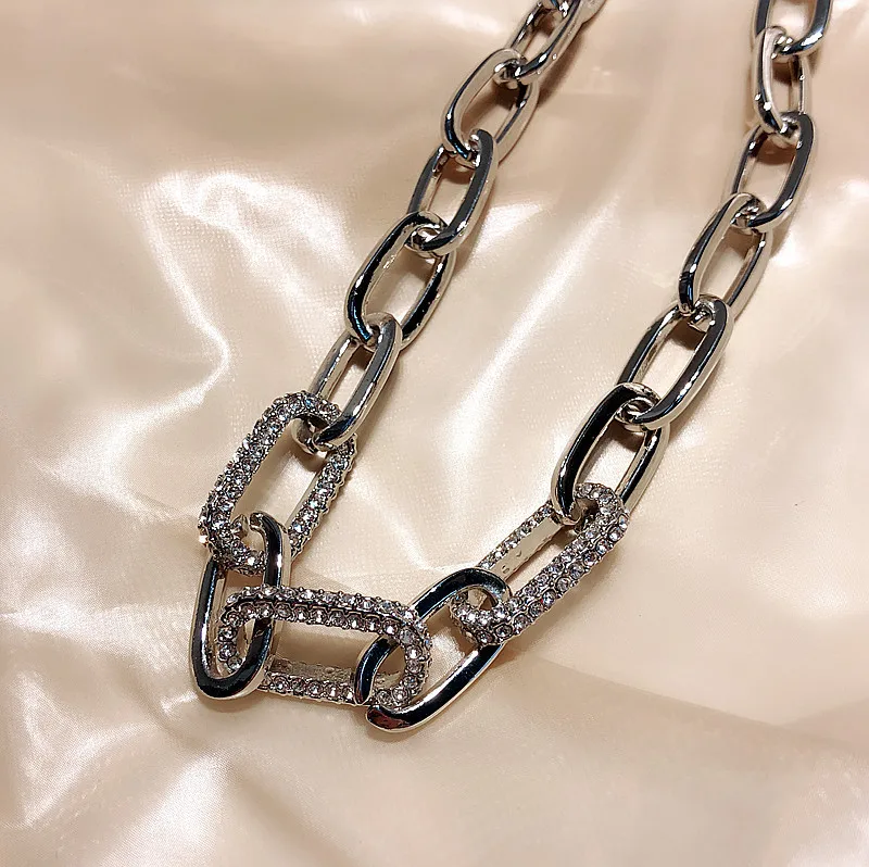 

Punk Unisex Men Women Rhinestone Link Chain Chokers Harajuku Statement Heavy Duty Ins Metal Vintage Short Link Collar Necklace