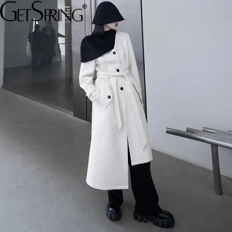 

GetSpring Женское шерстяное пальто, Элегантная Лоскутная Асимметричная Женская шерстяная куртка, двойка-обманка, свободные длинные женские топ...