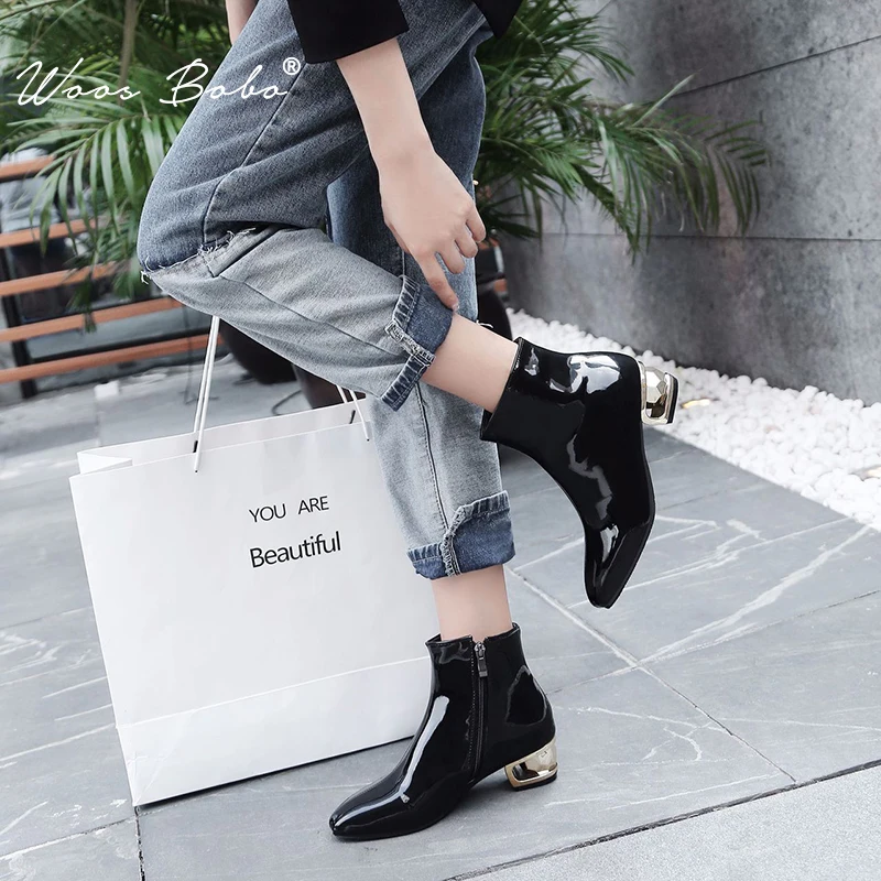 Женские ботинки из лакированной кожи на низком каблуке|Женские полусапожки| |