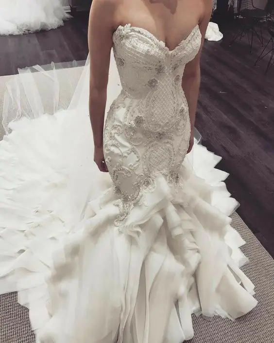 Vintage Mermaid Long Lace Beaded Wedding Dresses Ruched Lace Up Back Sweep Train Bridal Gowns for Women
