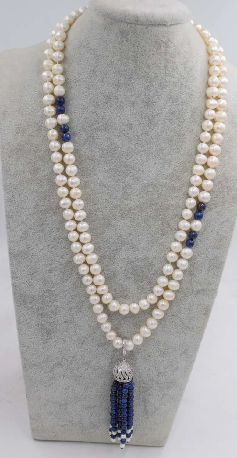 freshwater pearl near round white and blue lapis lazuli tassel 8-9mm necklace wholesale beads 45inch  nature unique clasp
