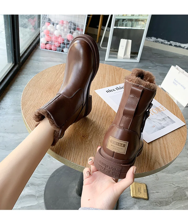 Zapatos de mujer; Новинка года; зимние кожаные женские хлопковые ботинки; шерстяные пинетки с боковой молнией; кожаные женские ботинки