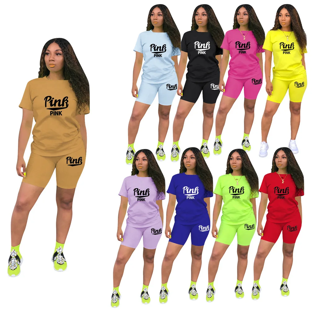 

Pink Letter Print Round Neck Short Sleeves Slim Tops & Shorts Casual Two Piece Set New Arrival Summer 2021 Women Fashion Suits