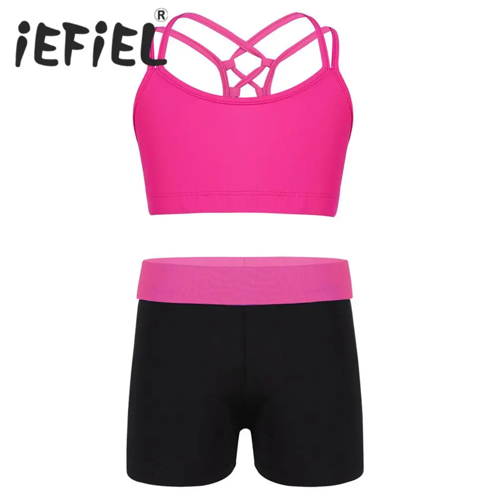 

Kids Girls Ballet Dance Sets Spaghetti Shoulder Straps Criss Cross Back Tanks Bra Tops Crop Top for Sports Gymnastic Workout
