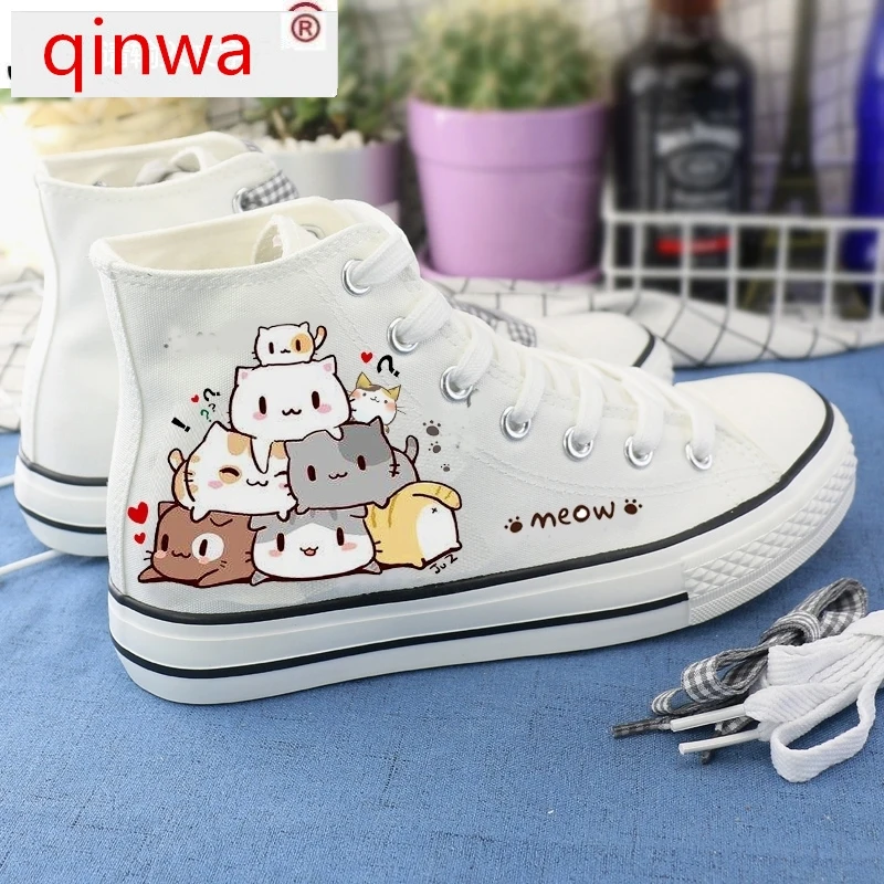 

Women Winter Canvas Shoes Cartoon Drawings Anime Black White Sneakers Girls High Heel Fashion Flat For Female 2021 New Qinwa
