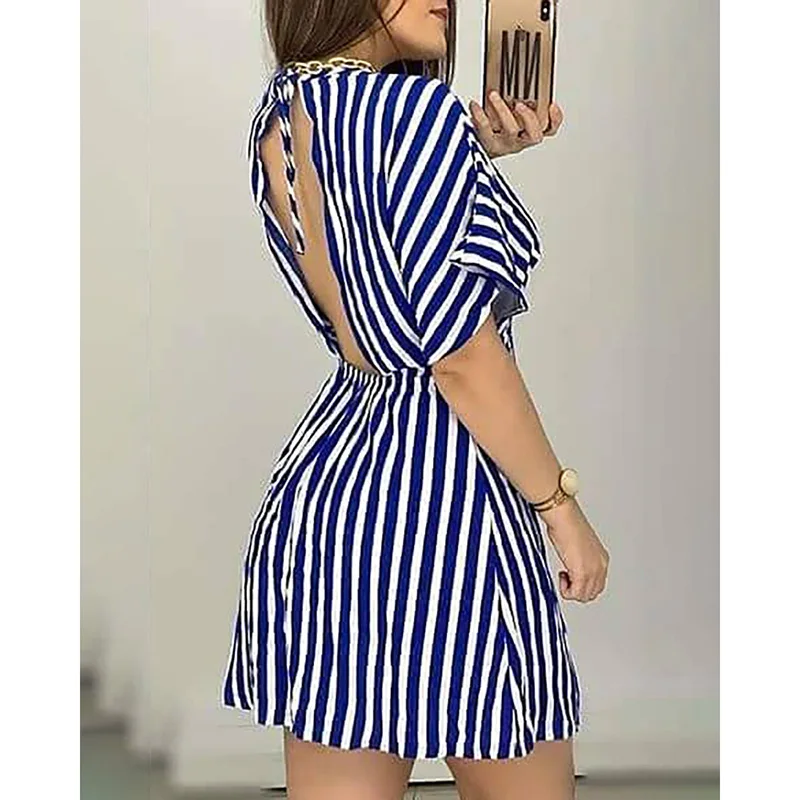 

Women Blue Striped Casual Dress Summer V Neck Slim Waist Short Sleeve 2021 Office Ladies Female Party Vestido De Mujer SJ8138X