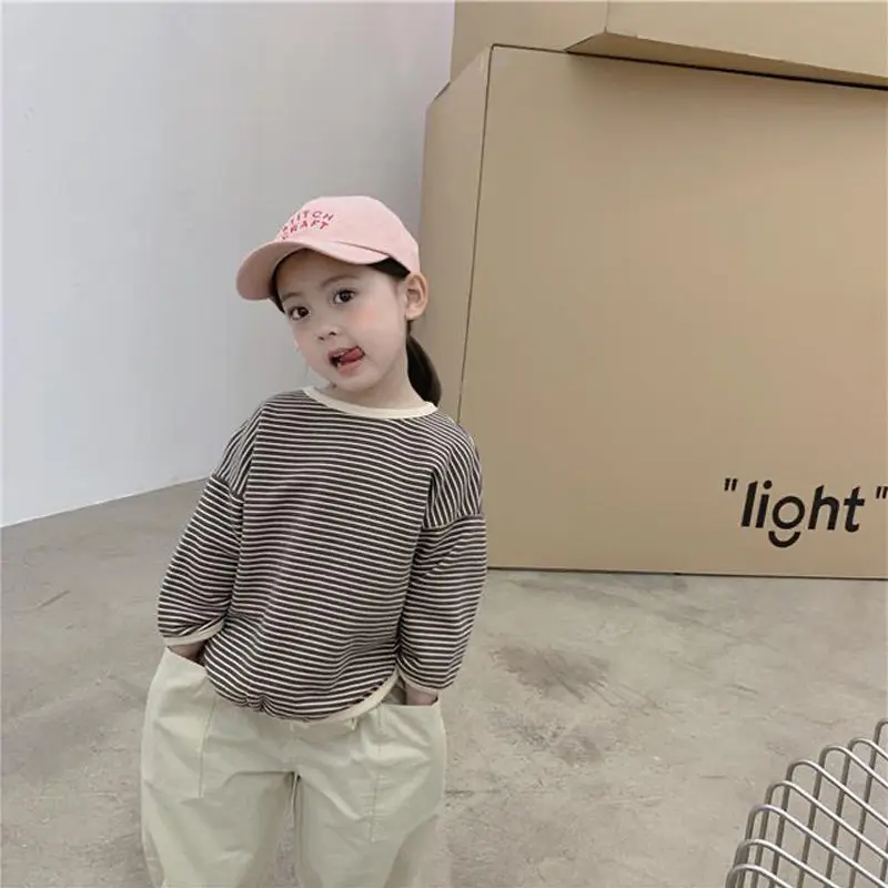 

Boys Sweaters Teens Spring Long Sleeve Korean Loose Striped Tops Children'S T-Shirts All-Match Bottoming Girl Shirts 2021