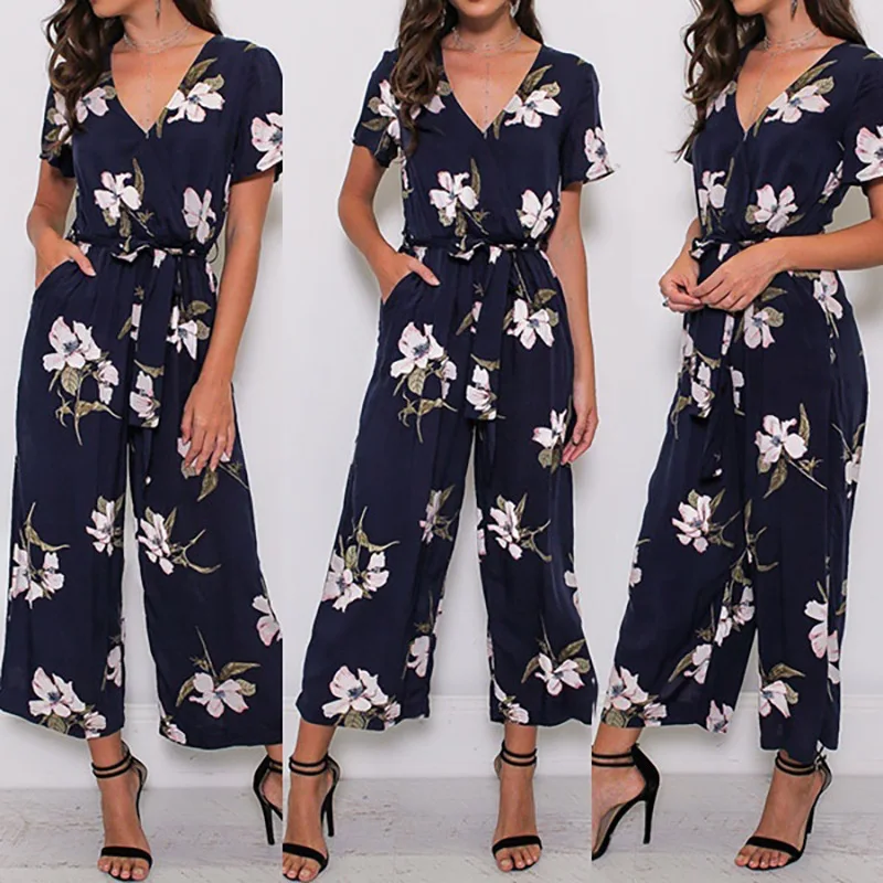 Women's Fashion V-Neck Short-Sleeved High Waist Pants Jumpsuits |