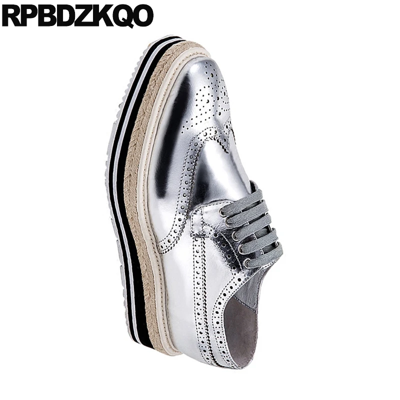 Серебряные криперсы броги на платформе с квадратным носком Espadrilles синие из