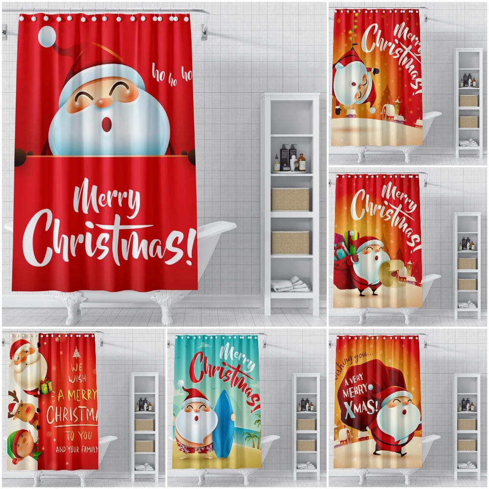 

Merry Christmas Snowman Santa Claus Snowflake Shower Curtains Xmas Bathroom Curtain Fabric Polyester Waterproof Bath Curtain