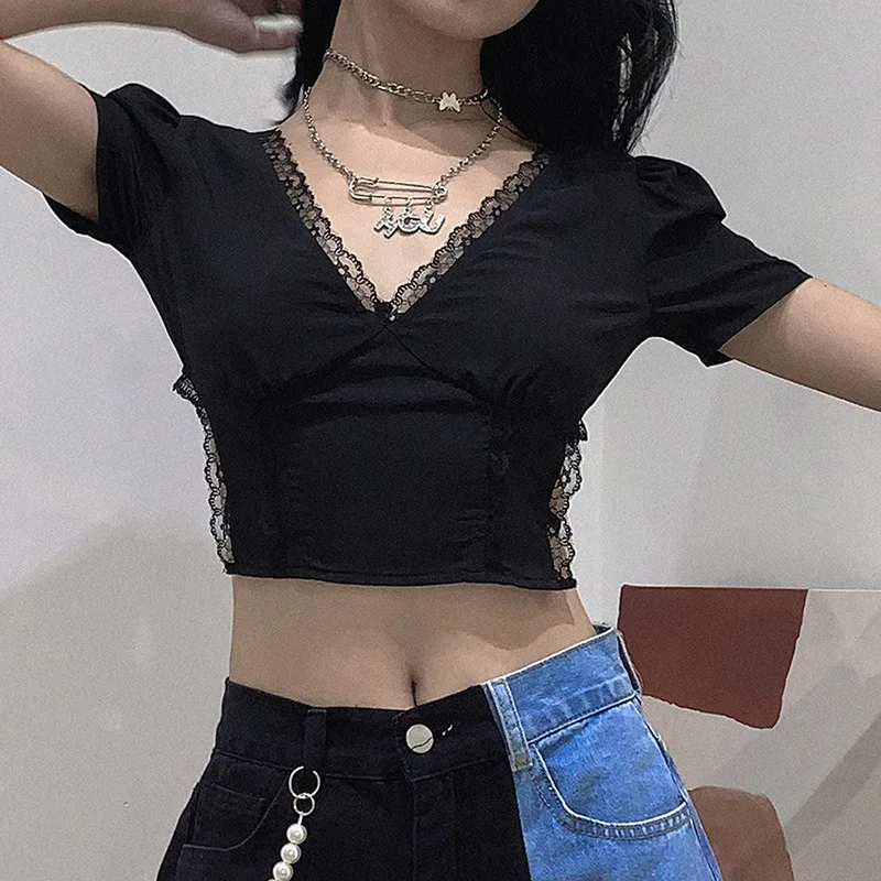 

Sexy V-neck Short Sleeve Crop Top Backless Hollow Out Patchwork Lace Up Black T-shirt Skinny Elastic Slim Summer Women's Clothes