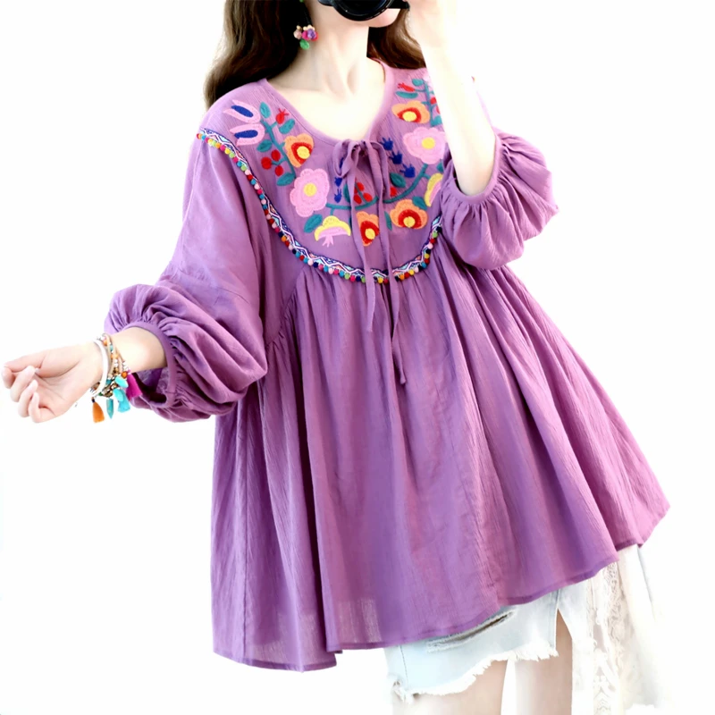 Spring Original Design Summer Women Oversized Shirts Mori Girl Sweet Flower Embroidery Casual Loose Cotton Purple Shirt