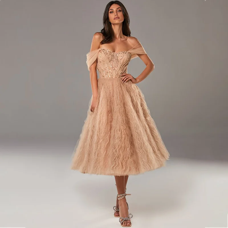 

Embellished Corset Bodice Cocktail Dress Off the Shoulder Tea Length A Line Prom Gown Party Wear Customize Women Robe De Soirée