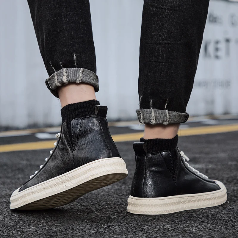 

Men's High Top Mens Causal Shoes Hightop Sneakers Casual High Top Men Leisure Black Boots Leather Man Shoe Sneaker Boot