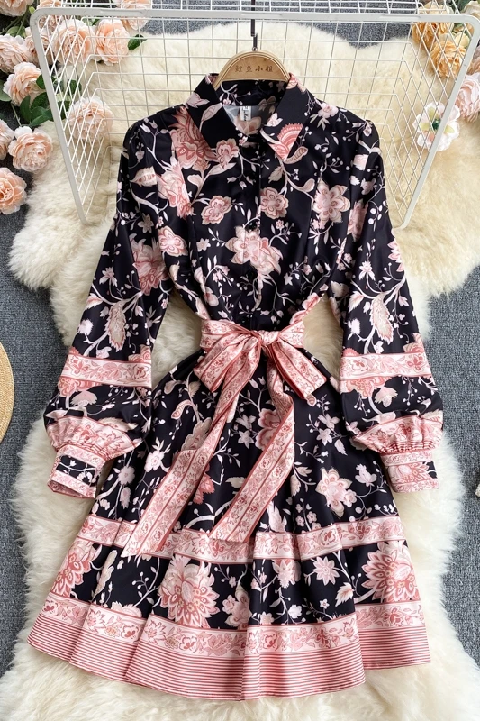 

Women's Elegant Single Breasted Floral Shirt Dress 2021 Summer Autumn Palace Style Lantern Sleeve Officewear Dress Chic Vestidos