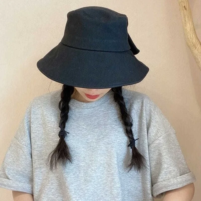 

Bucket Hats Women Sweet Summer Sun-proof Solid Basic Feminine Streetwear Travel Chic Fashion Korean All-match Holiday Bow Design