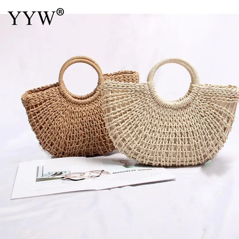 

Womens Big Hand Bags Hollow Moon shaped Vacation Casual Bags Vintage Handmade Woven Bag Ladies Straw Bag Clutch Basket Large