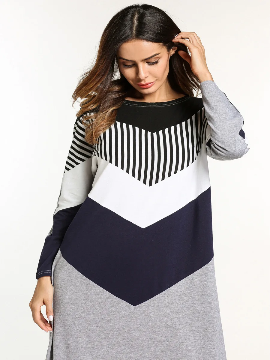 Женское осеннее платье длинная юбка с круглым вырезом контрастная полоска |