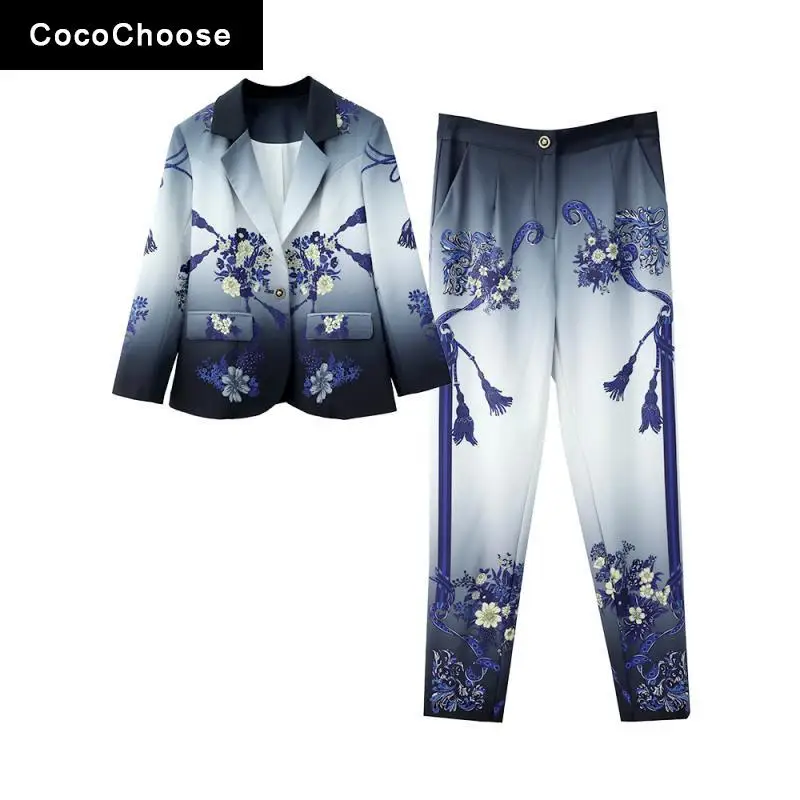 

Business Chic Blazer Suits Spring 2022 Luxury Designer Women Floral Print Jacket + Long Pants Suits Office Lady Two Piece Set