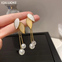 xialuoke s925 needle korea fashion metal asymmetric leaves tassel pearl earrings for women cute romantic long drop earrings gift