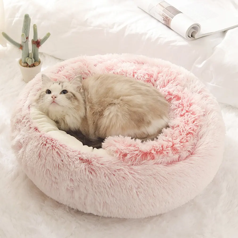 

New Style Pet Dog Cat Bed Round Plush Cat Warm Bed House Soft Long Plush Bed For Small Dogs For Cats Nest 2 In 1 Cat Bed