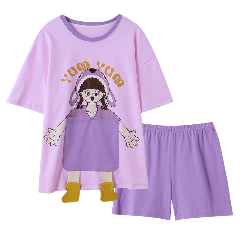 

Pajamas Women's Summer New Trending Hot Light Purple Cotton Short Sleeve Large Size Spring and Autumn Ins Homewear Suit