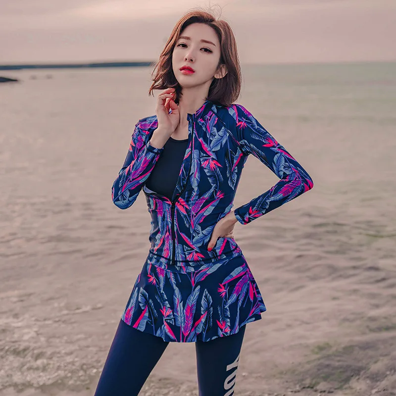 Женский купальник с высокой талией Цельный для серфинга юбкой и четырьмя брюками