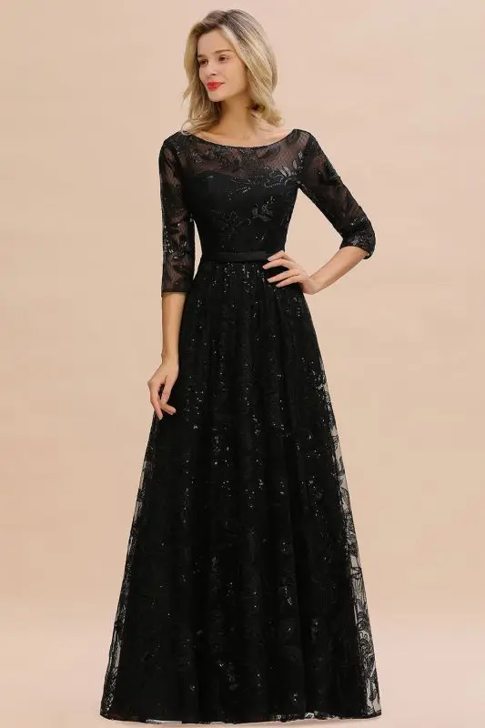 

Black Evening Dresses A-Line Scoop Lace Applique Long Formal Party Evening Gown Prom Dresses Robe De Soiree