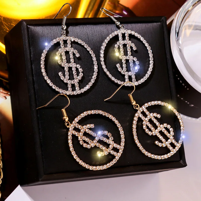 Серьги в форме доллара США с кристаллами уникальный дизайн женские круглые