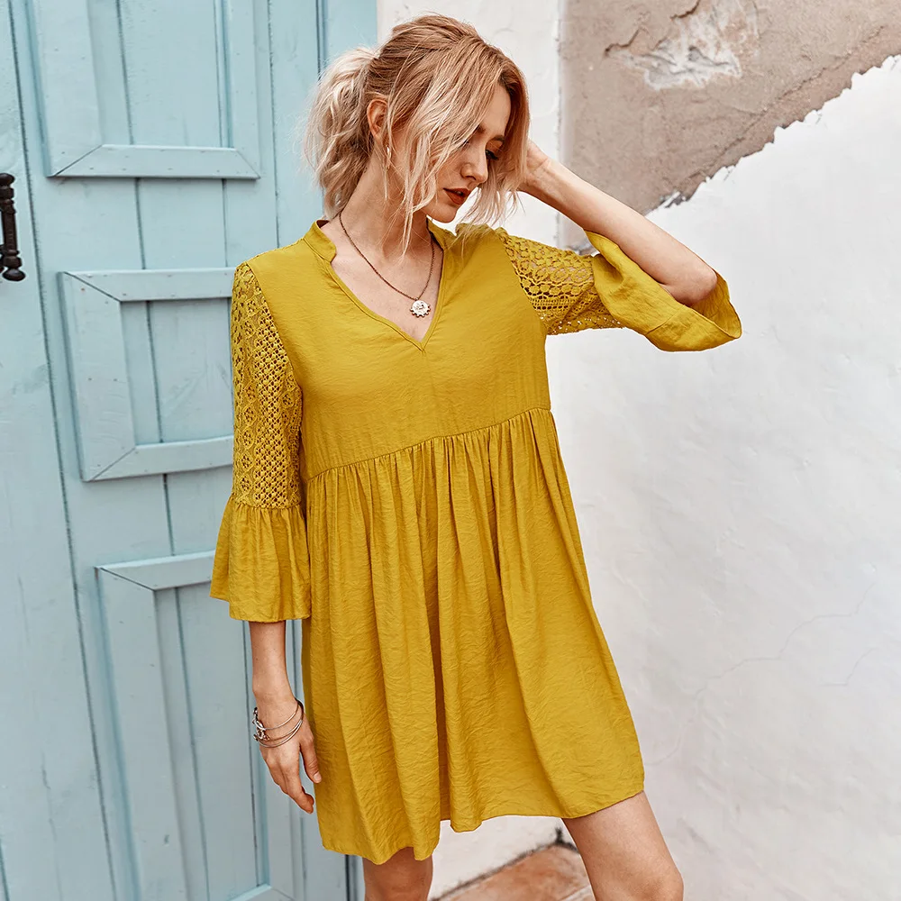 

Donsignet Fashion Women's Dress New Summer Casual V-neck Pullover Solid Color Lace Stitching Ruffled Five-point Sleeve Dress