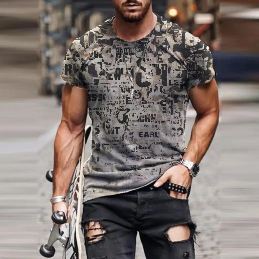 

Men T-shirt Skin-friendly Unique Pattern Cotton Blended Highly Absorbent Casual Men Blouse for Daily Wear