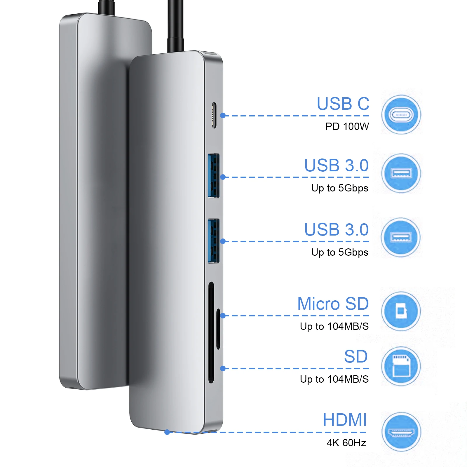 

USB-концентратор 7-в-1 с HDMI, зарядка PD типа C, 2 порта USB 3,0, кардридер SD TF, подходит