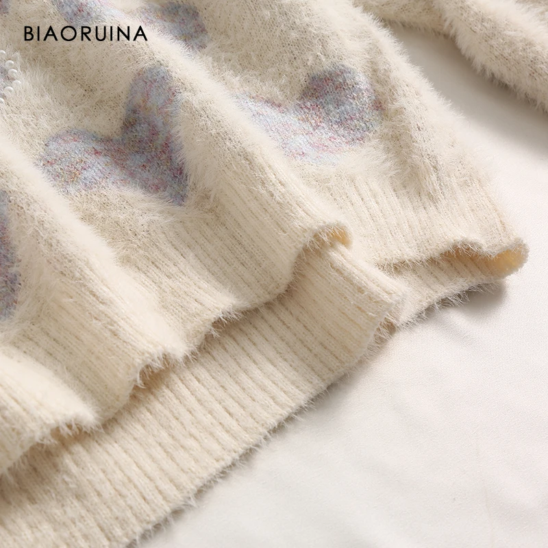 BIAORUINA Women's Heart Jacquard Beading Fluffy Thick Warm Knit Pullover O-neck Female Oversized Sweet Winter Sweater One Size | Женская