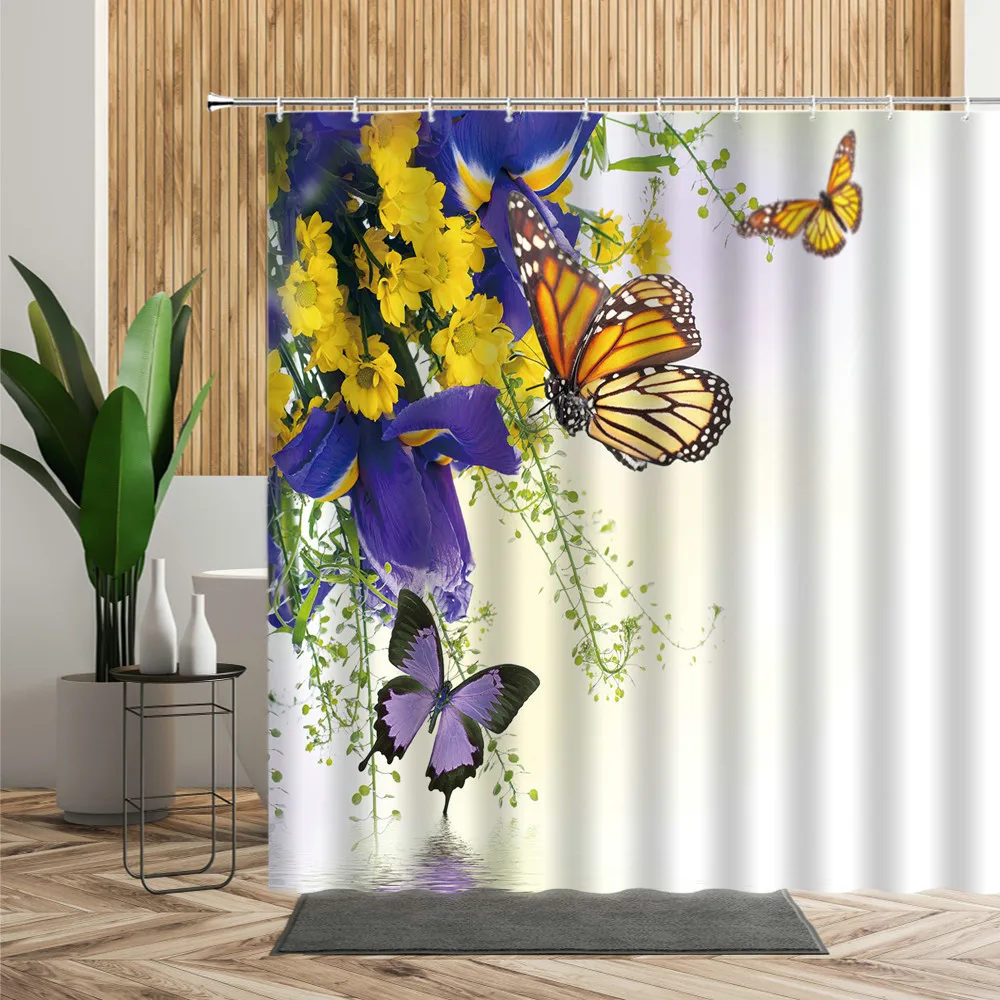 

Spring Floral Butterfly Shower Curtains Flower Print Bathroom Decor Bathtub Screen With Hook Home Bath Curtain Waterproof Fabric