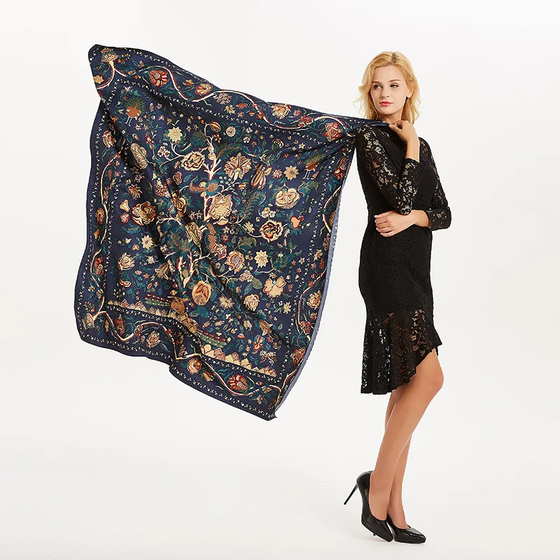 

130*130cm TOP Silk Flower Floral luxurious Scarves Women Foulard Square Hijab Scarf Ladies Shawl wrap muffler pareo female hijab
