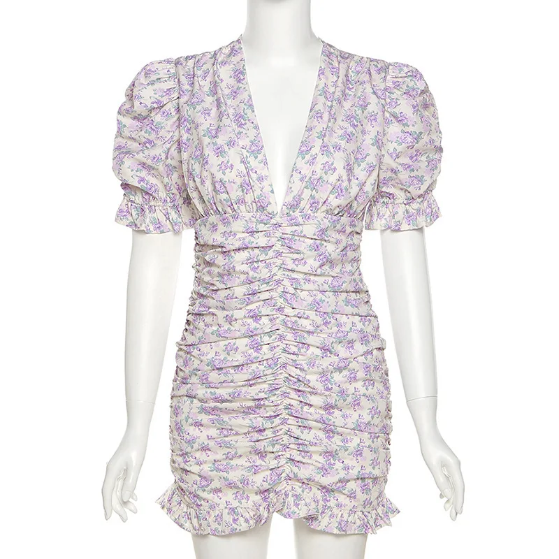 

Ladies Chiffon Floral Dress Summer V-neck Puff Sleeve Slim Pack Hip Ruffle Dress Fashion Street Ladies Pencil Skirt vestidos