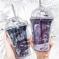 380ml interstellar wandering double wall water cup with straws laser space drinking cup juice drinkware