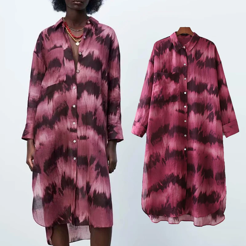 

Женское платье-рубашка с принтом, с карманами