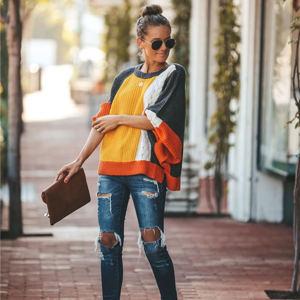 Fashion Women Contrast Color Patchwork Sweaters Autumn Casual Long Lantern Sleeve Knitted Pullovers Streetwear Loose Jumpers Женская