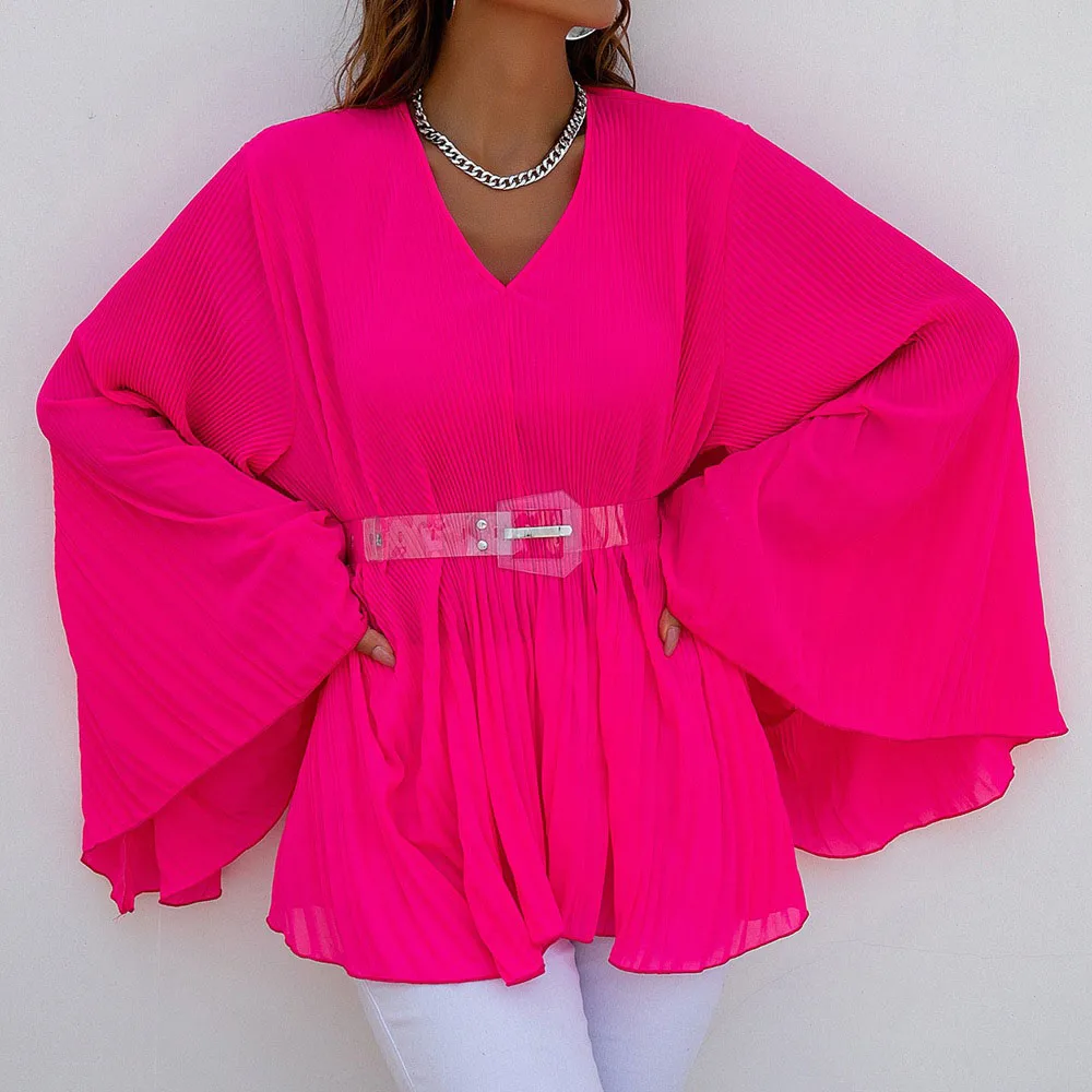 

European Women Fashion Flared Sleeve Rose Red Blouse V-neck Long Sleeve Loose Pullover Patchwork Spring Fall Lady Tops With Belt