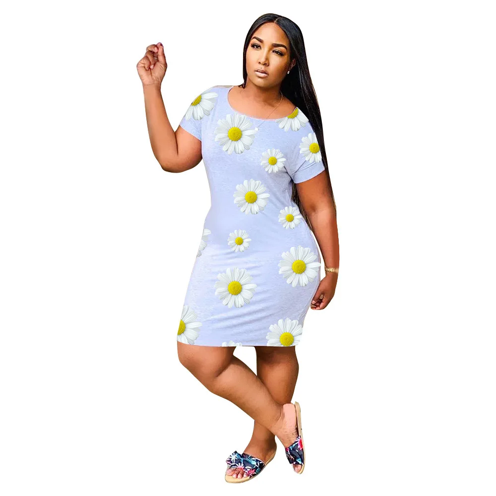 

2020 new design summer leisure loose print dress round neck chrysanthemum design short sleeve flower dress vestibule