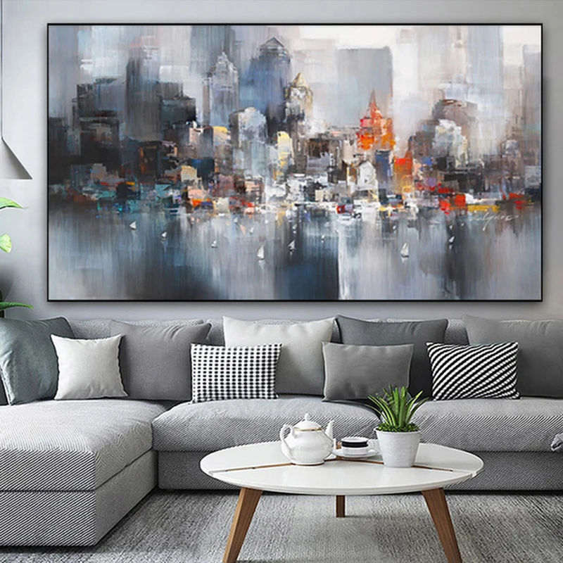 

City Building Rain Boat Poster Scenery Pictures Room Decoration Abstract Oil Painting On Canvas Wall Art For Living Room
