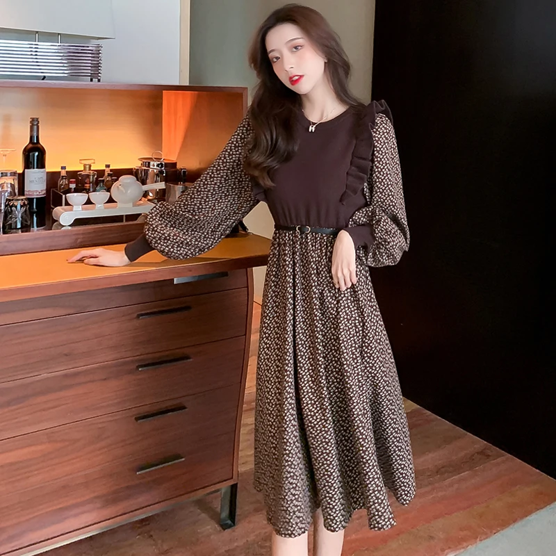 

NewRuffles Floral Print Dress Women Patchwork Long Sleeve O-neck Autumn Winter Long Midi Sweater Party Dresses A-line Korean