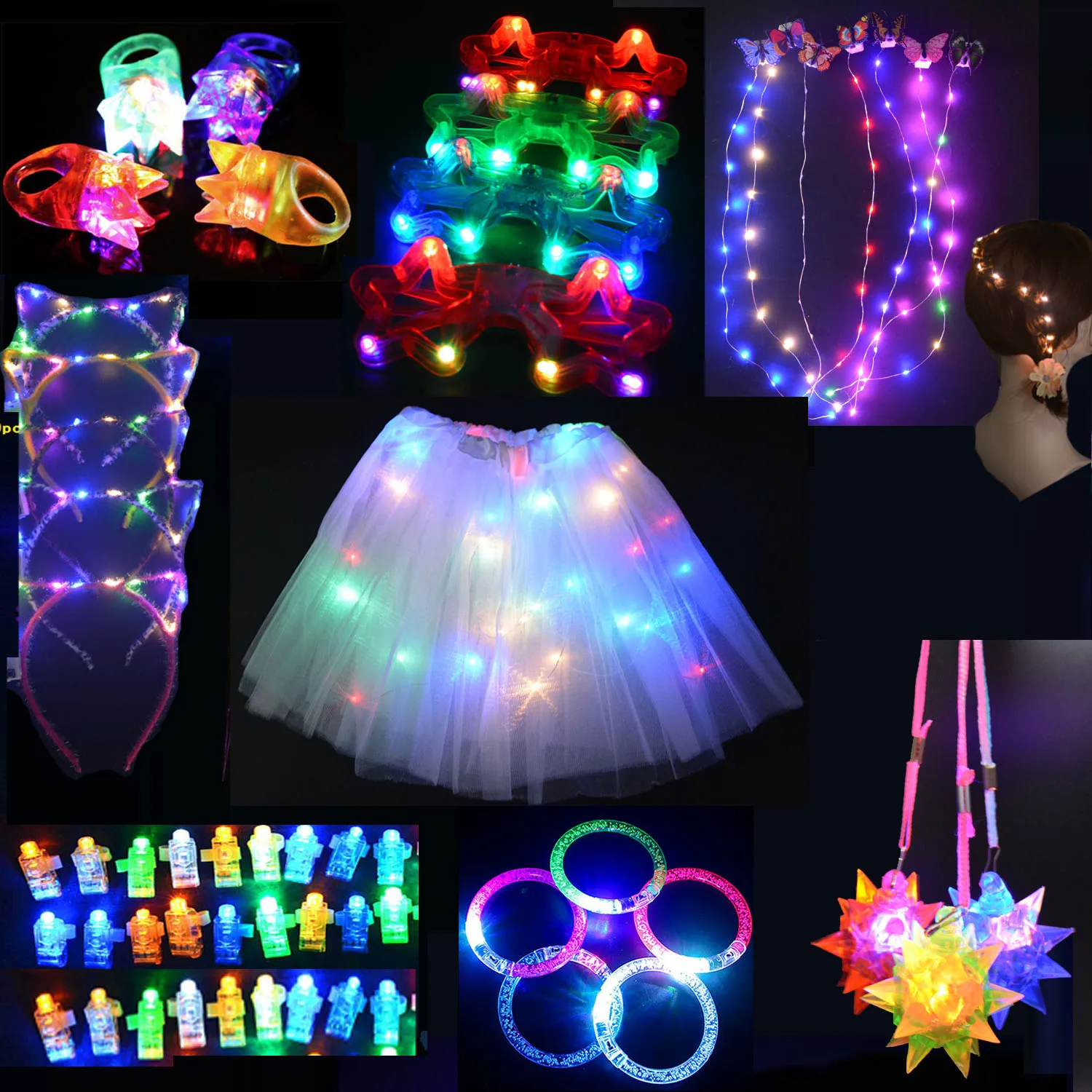 

59pcs Girl Birthday Party Favor Toy Gift Set Pack ,LED Light Flash Ring Bracelet Glasses Skirt Cat Headband Christmas Halloween