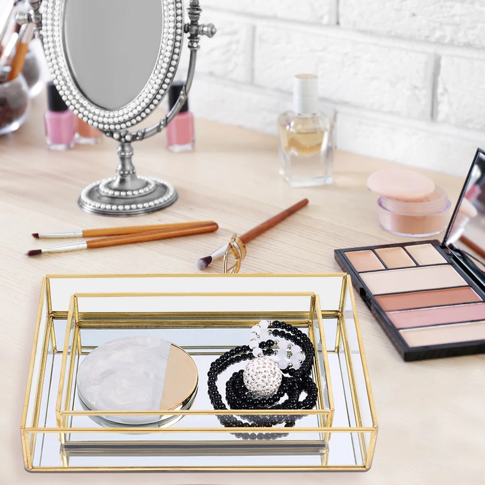 

Ins Jewelry Showcase Tray Cosmetic Storage Box Glass Luxurious Decor Organizer Dresser Necklace Ring Earrings Display Plate