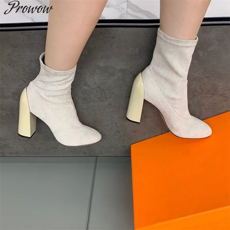 

Prowow Leather White Ankle Chelsea Boots For Non-Slip Sexy Pointed Toe Chunky High Heels Slip-on Autumn Winter Suede Pump